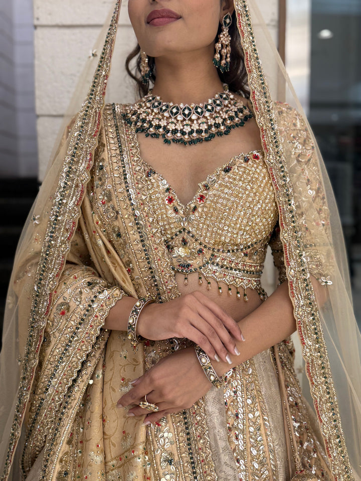 Champagne Gold Heavy Embroidered Bridal Lehenga with Net Dupatta