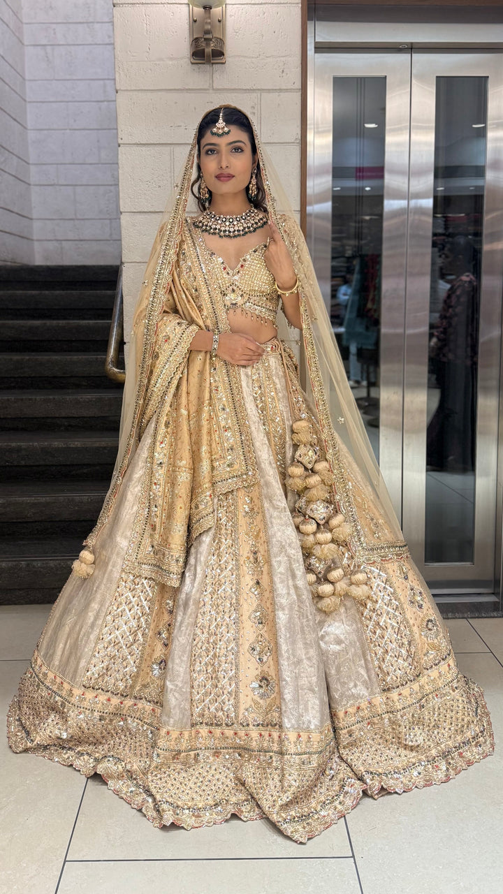 Champagne Gold Heavy Embroidered Bridal Lehenga with Net Dupatta