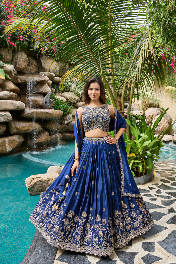 Royal Blue Designer Lehenga Set with Embroidered Blouse & Heavy Border Skirt