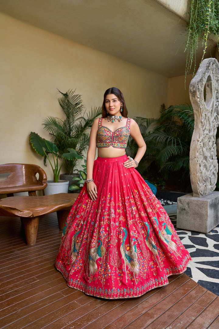 Hot Pink Designer Lehenga Set with Multicolor Mirror Work Blouse & Peacock Print Skirt