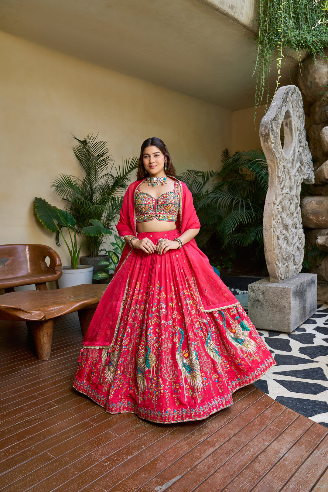 Hot Pink Designer Lehenga Set with Multicolor Mirror Work Blouse & Peacock Print Skirt