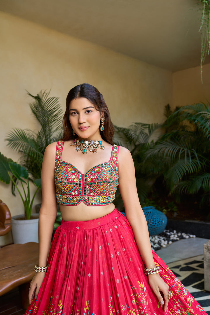Hot Pink Designer Lehenga Set with Multicolor Mirror Work Blouse & Peacock Print Skirt
