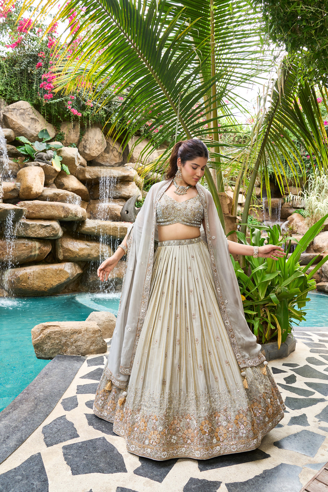 Silver Grey Designer Lehenga Set with Embroidered Blouse & Elegant Dupatta