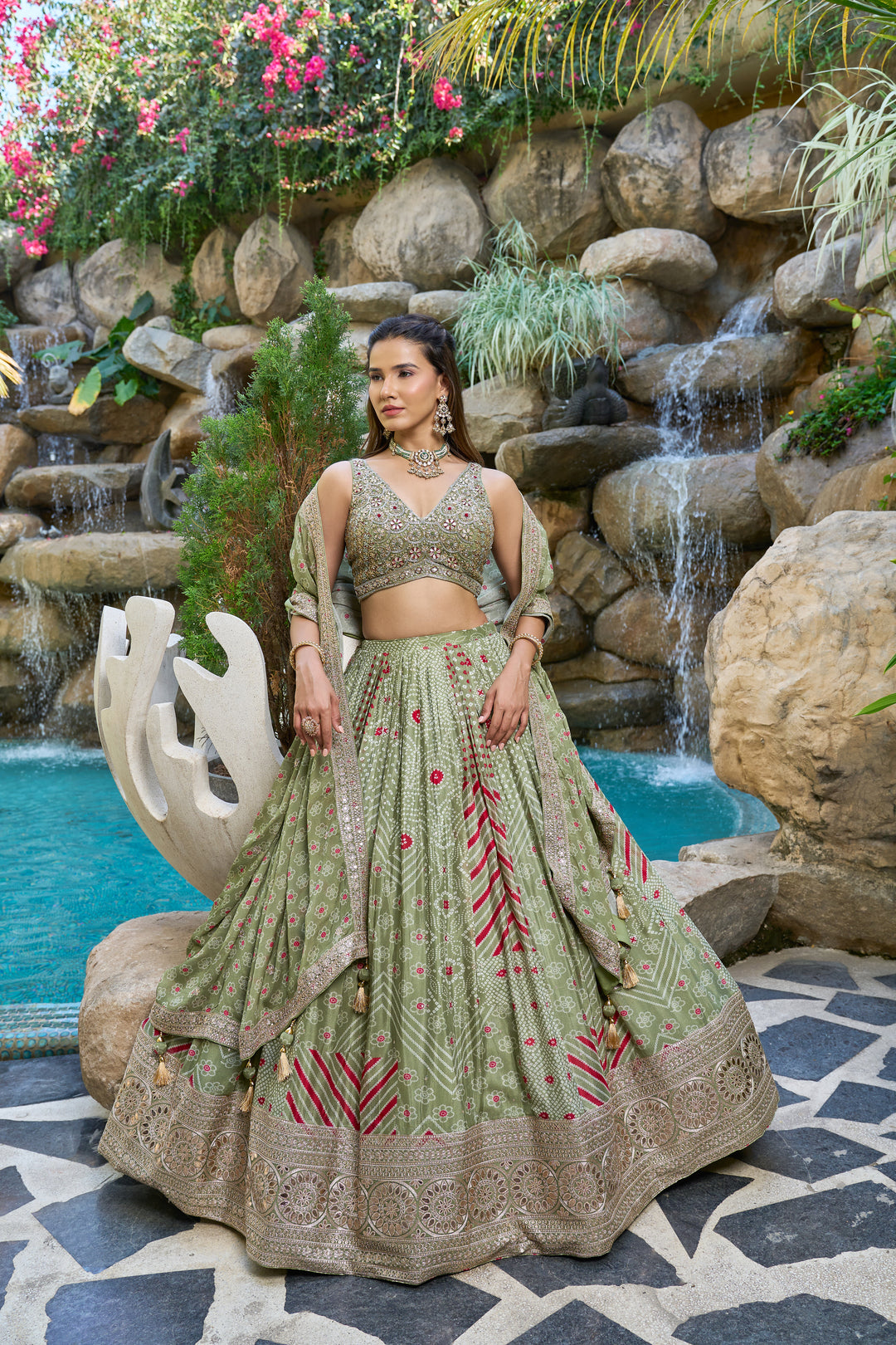 Sage Green Designer Lehenga Set with Embroidered Blouse & Printed Dupatta