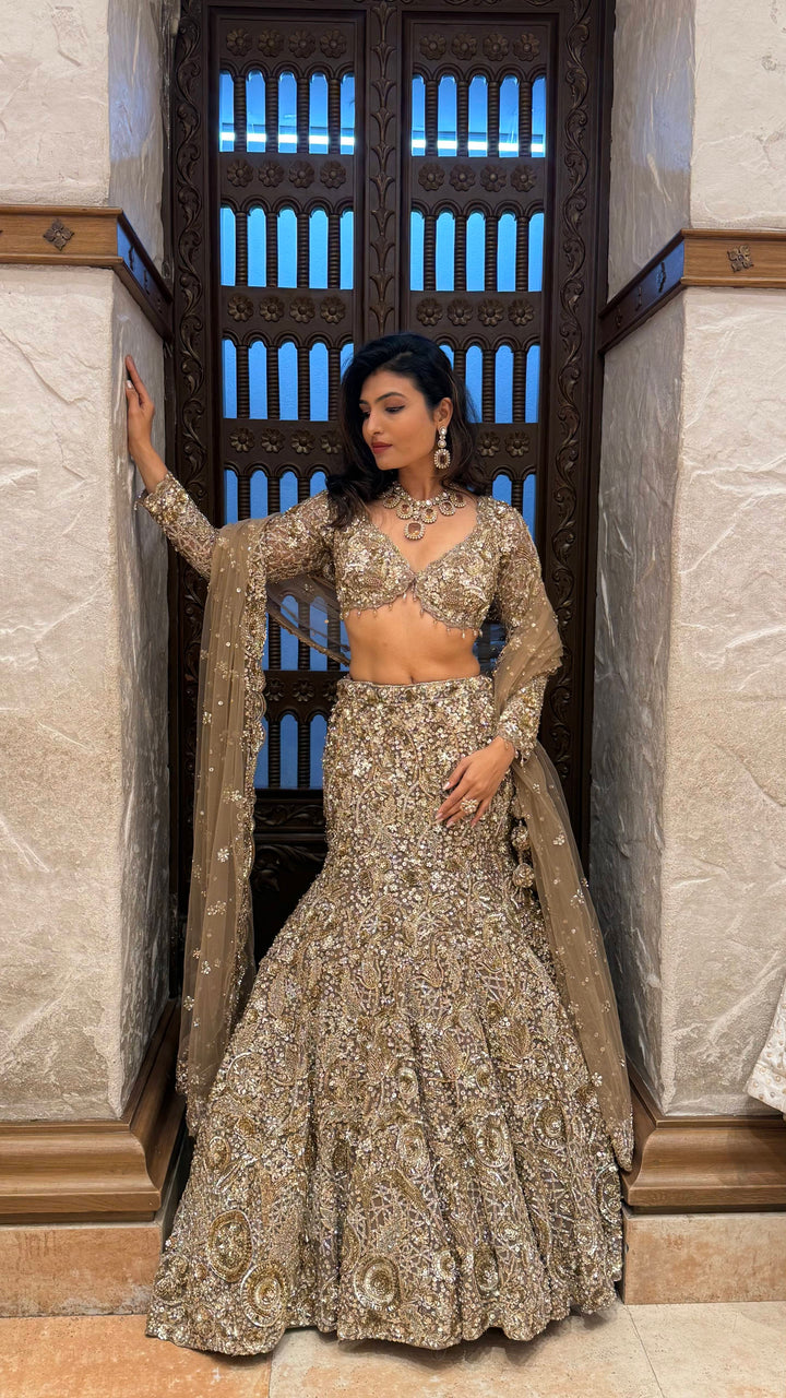 Antique Olive Gold Heavy Embroidered Bridal Lehenga with Net Dupatta
