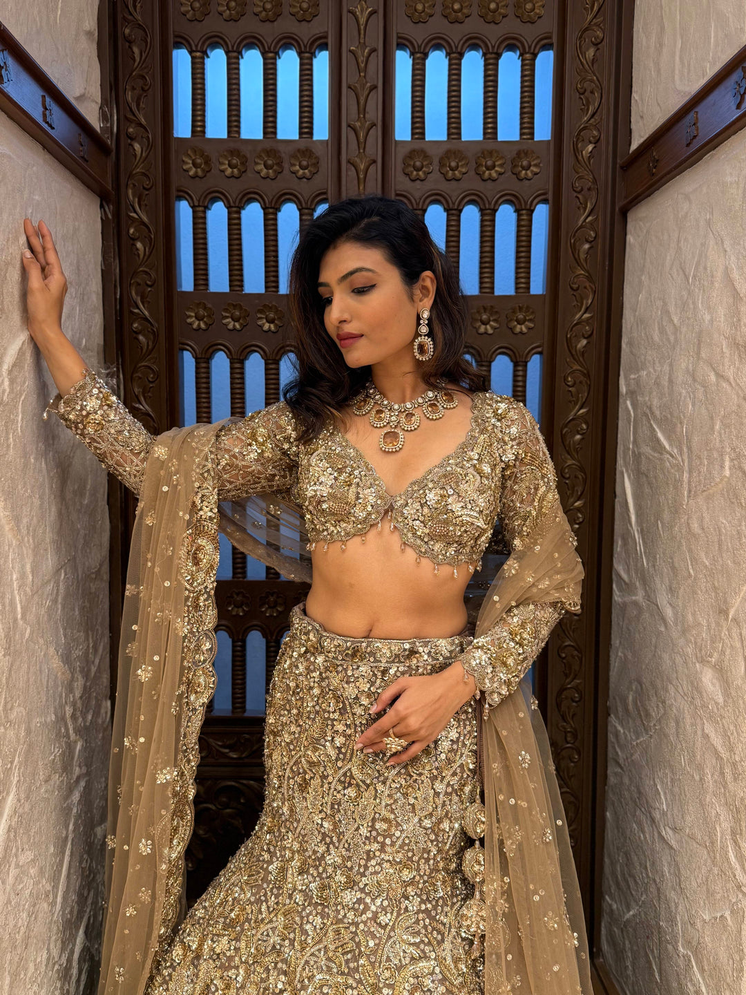 Antique Olive Gold Heavy Embroidered Bridal Lehenga with Net Dupatta