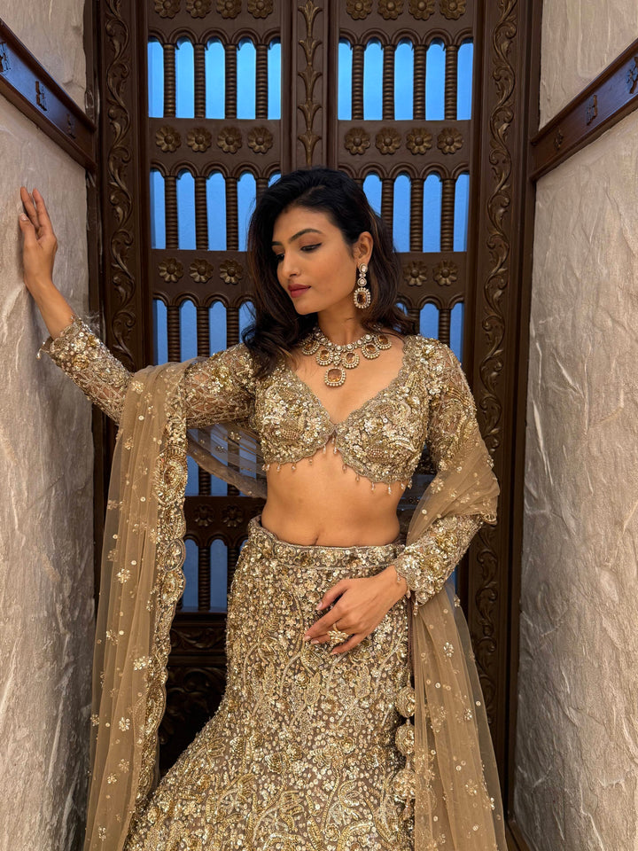 Antique Olive Gold Heavy Embroidered Bridal Lehenga with Net Dupatta