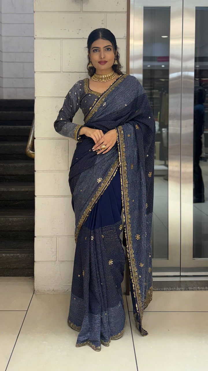 Navy Blue Designer Embroidered Saree with Gold Border