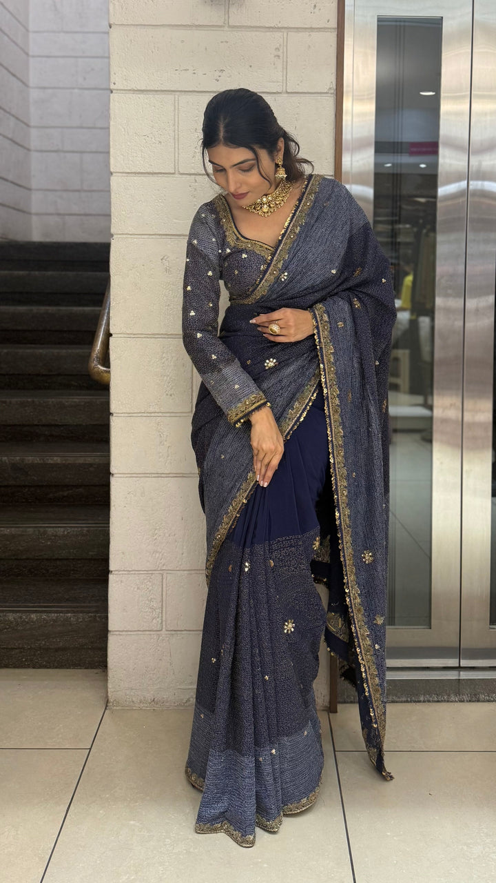 Navy Blue Designer Embroidered Saree with Gold Border