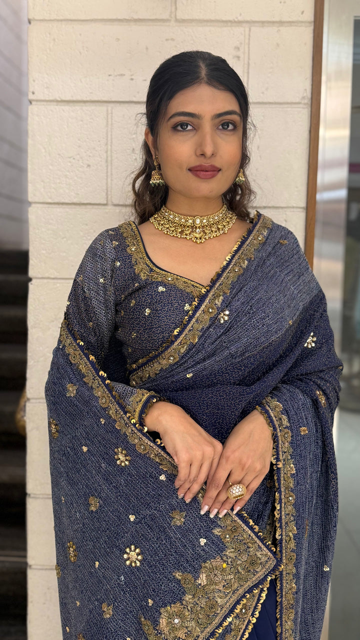 Navy Blue Designer Embroidered Saree with Gold Border