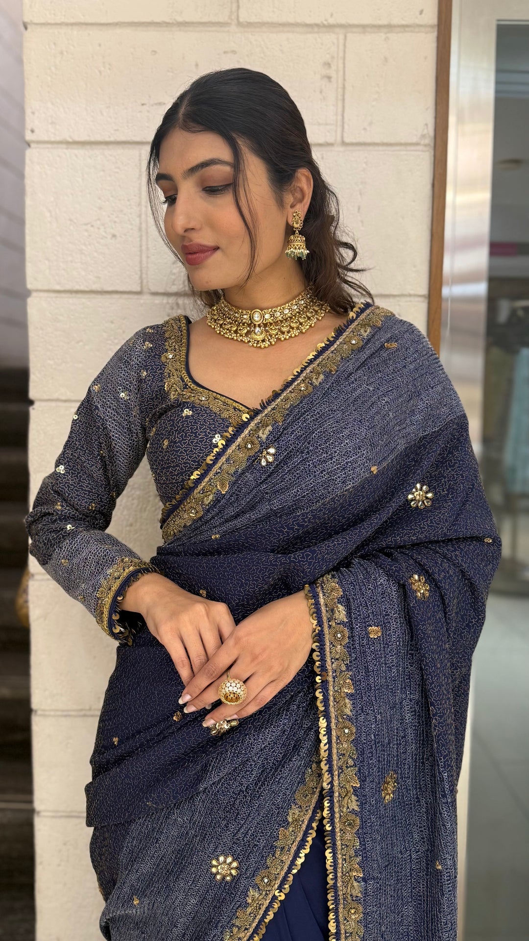 Navy Blue Designer Embroidered Saree with Gold Border