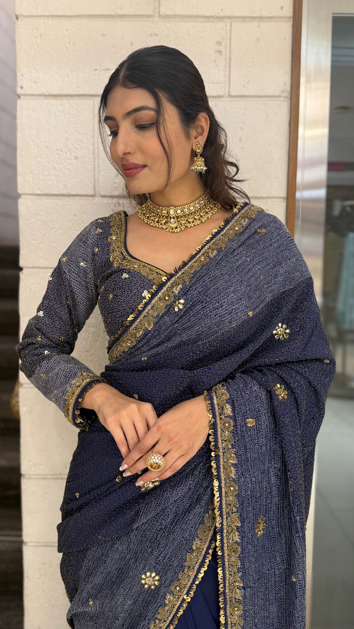 Navy Blue Designer Embroidered Saree with Gold Border