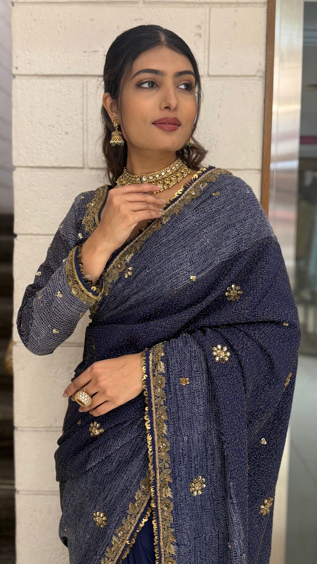 Navy Blue Designer Embroidered Saree with Gold Border
