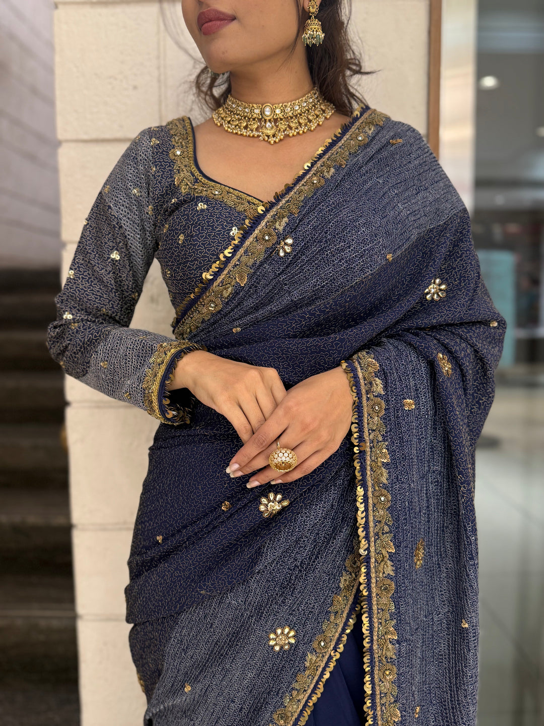 Navy Blue Designer Embroidered Saree with Gold Border