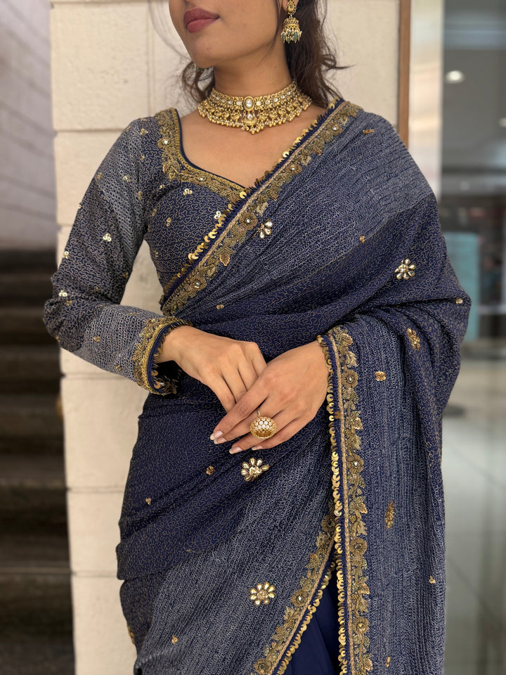Navy Blue Designer Embroidered Saree with Gold Border