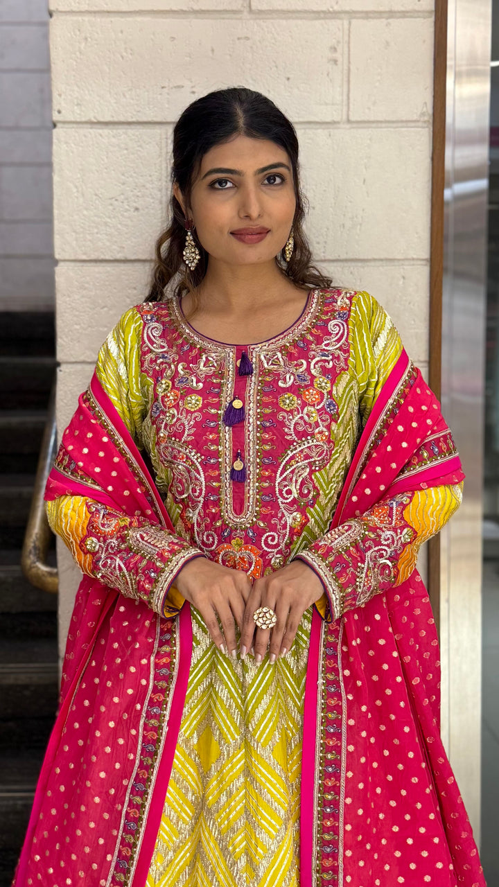 Multicolor Embroidered Designer Gown with Dupatta – Festive & Wedding Wear