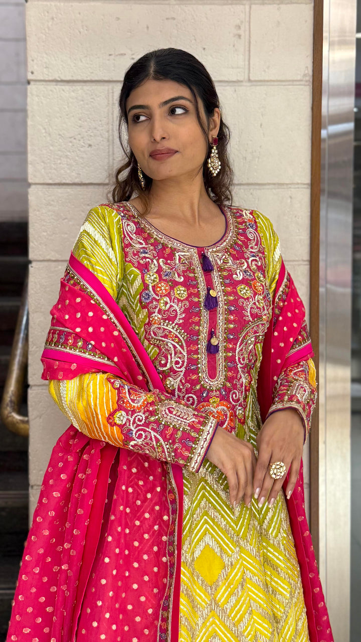 Multicolor Embroidered Designer Gown with Dupatta – Festive & Wedding Wear