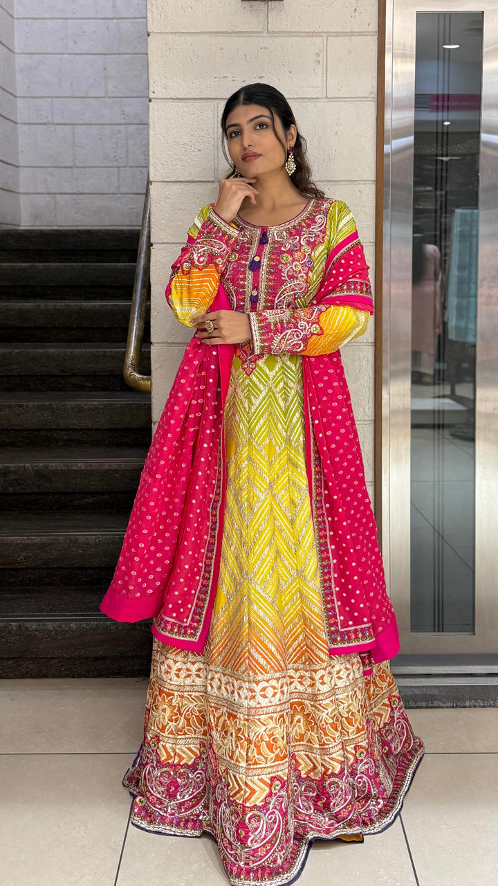 Multicolor Embroidered Designer Gown with Dupatta – Festive & Wedding Wear