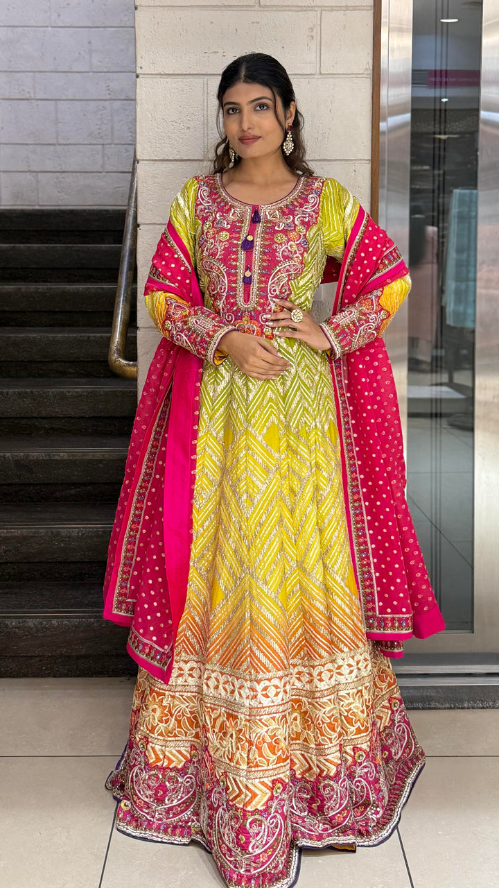 Multicolor Embroidered Designer Gown with Dupatta – Festive & Wedding Wear