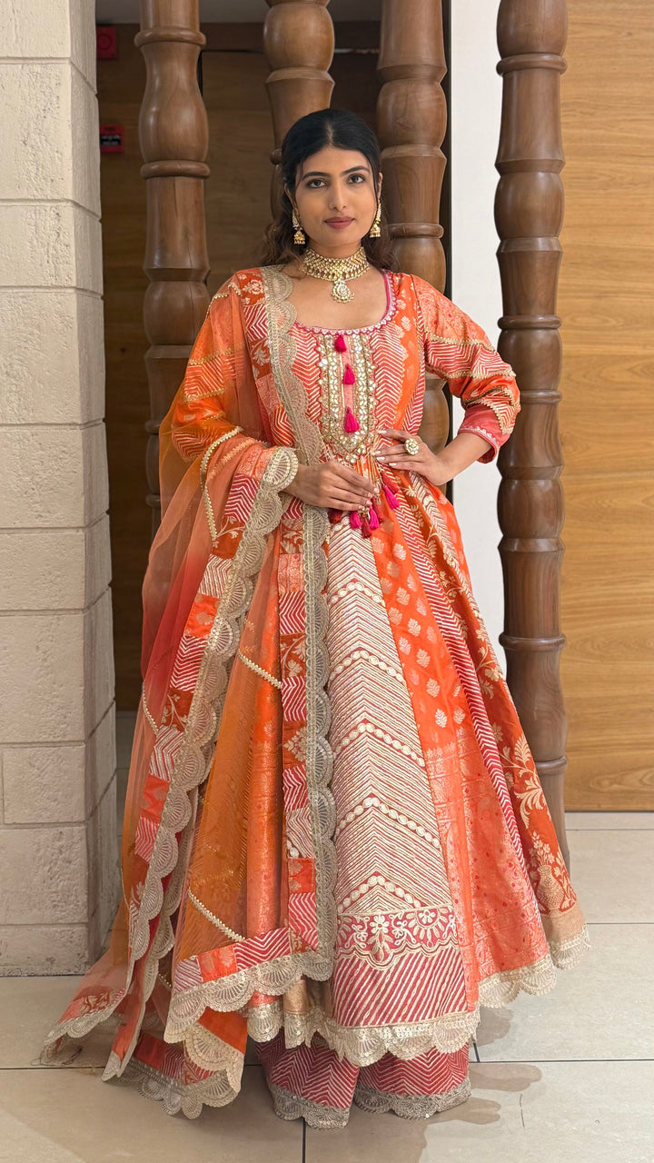 Traditional Orange Embroidered Anarkali Suit with Net Dupatta