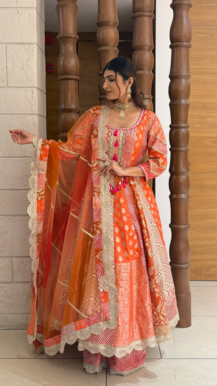 Traditional Orange Embroidered Anarkali Suit with Net Dupatta