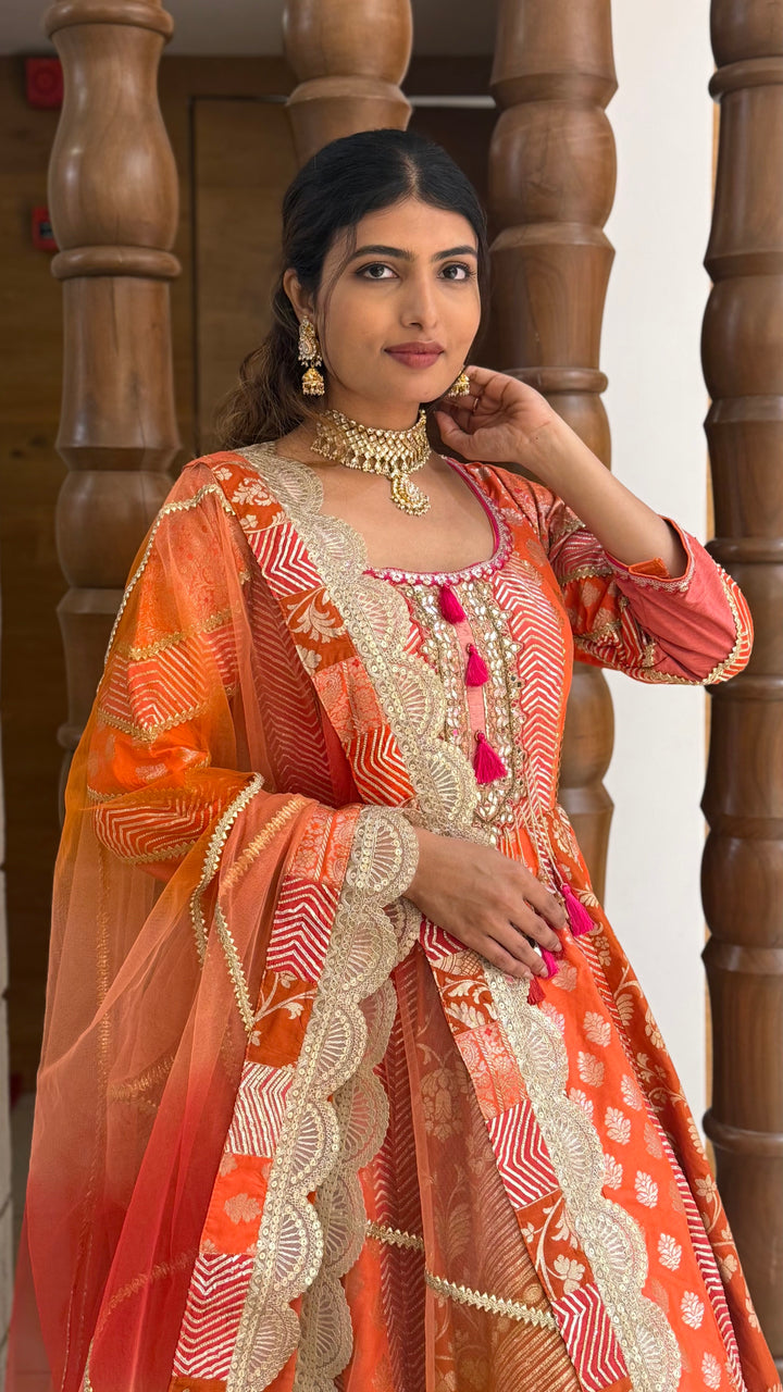 Traditional Orange Embroidered Anarkali Suit with Net Dupatta