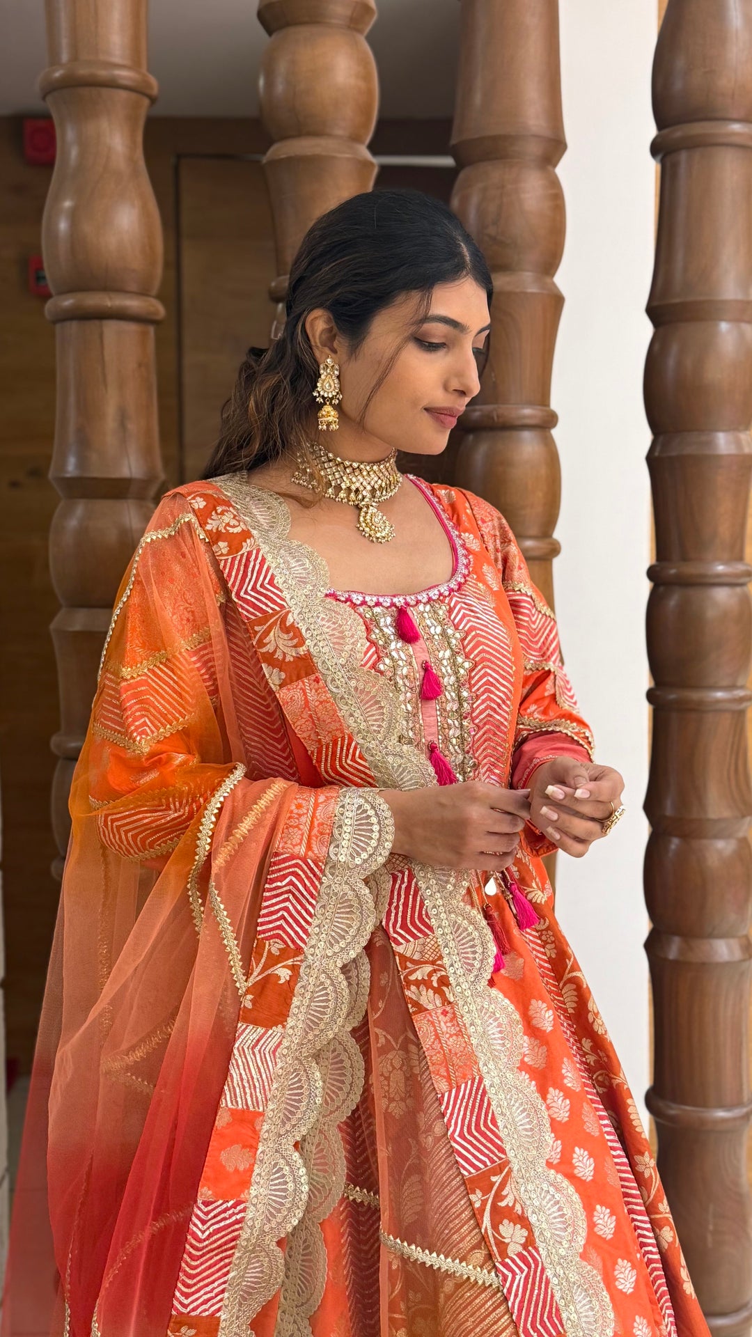 Traditional Orange Embroidered Anarkali Suit with Net Dupatta