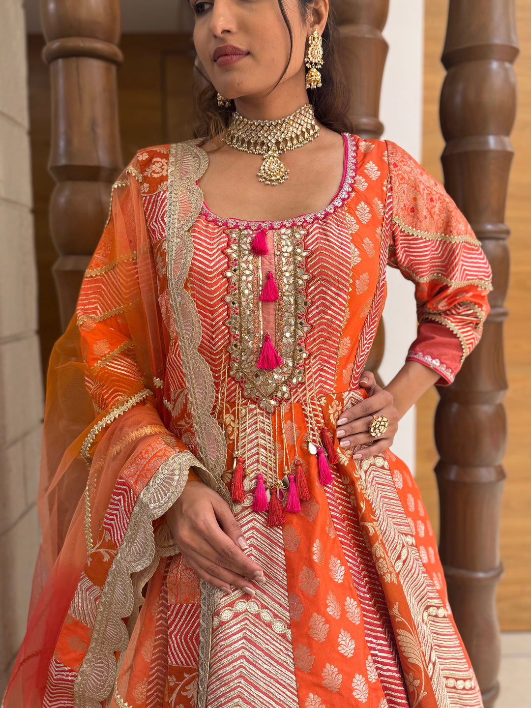 Traditional Orange Embroidered Anarkali Suit with Net Dupatta