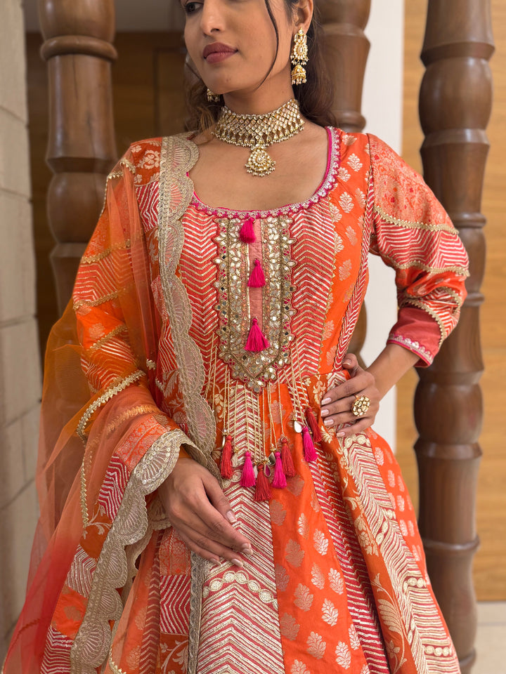 Traditional Orange Embroidered Anarkali Suit with Net Dupatta