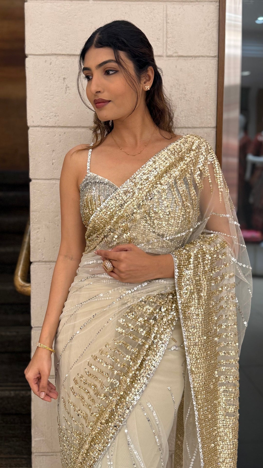 Ivory & Champagne Gold Sequin Embellished Designer Saree with Shimmer Pallu