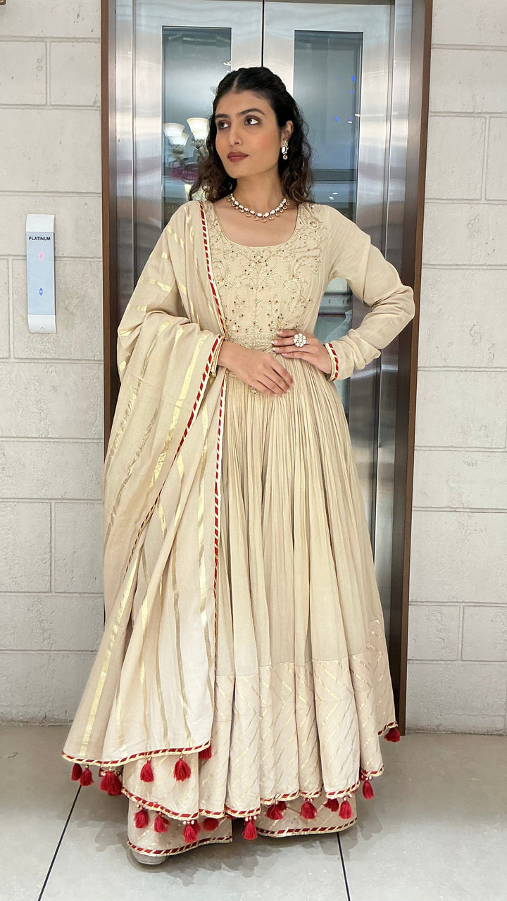 Elegant Beige Anarkali Suit Set with Tassel Dupatta
