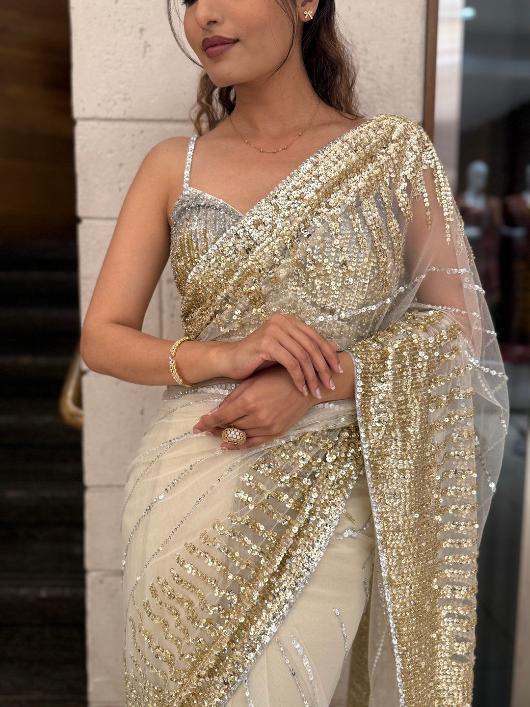 Ivory & Champagne Gold Sequin Embellished Designer Saree with Shimmer Pallu