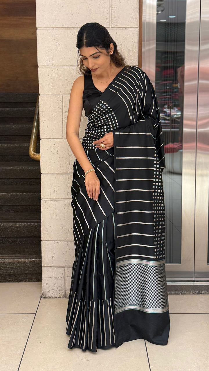 Black Contemporary Striped Designer Saree with Silver Accents