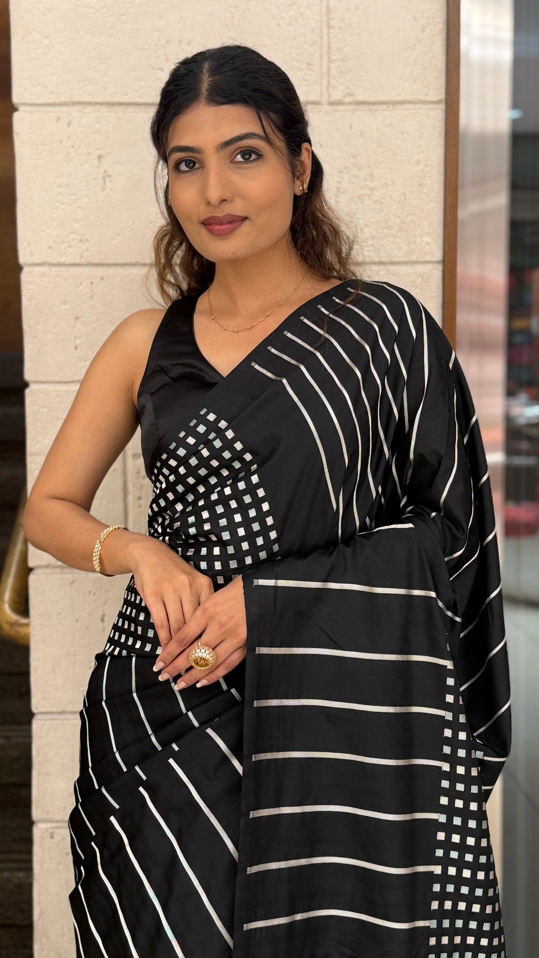 Black Contemporary Striped Designer Saree with Silver Accents