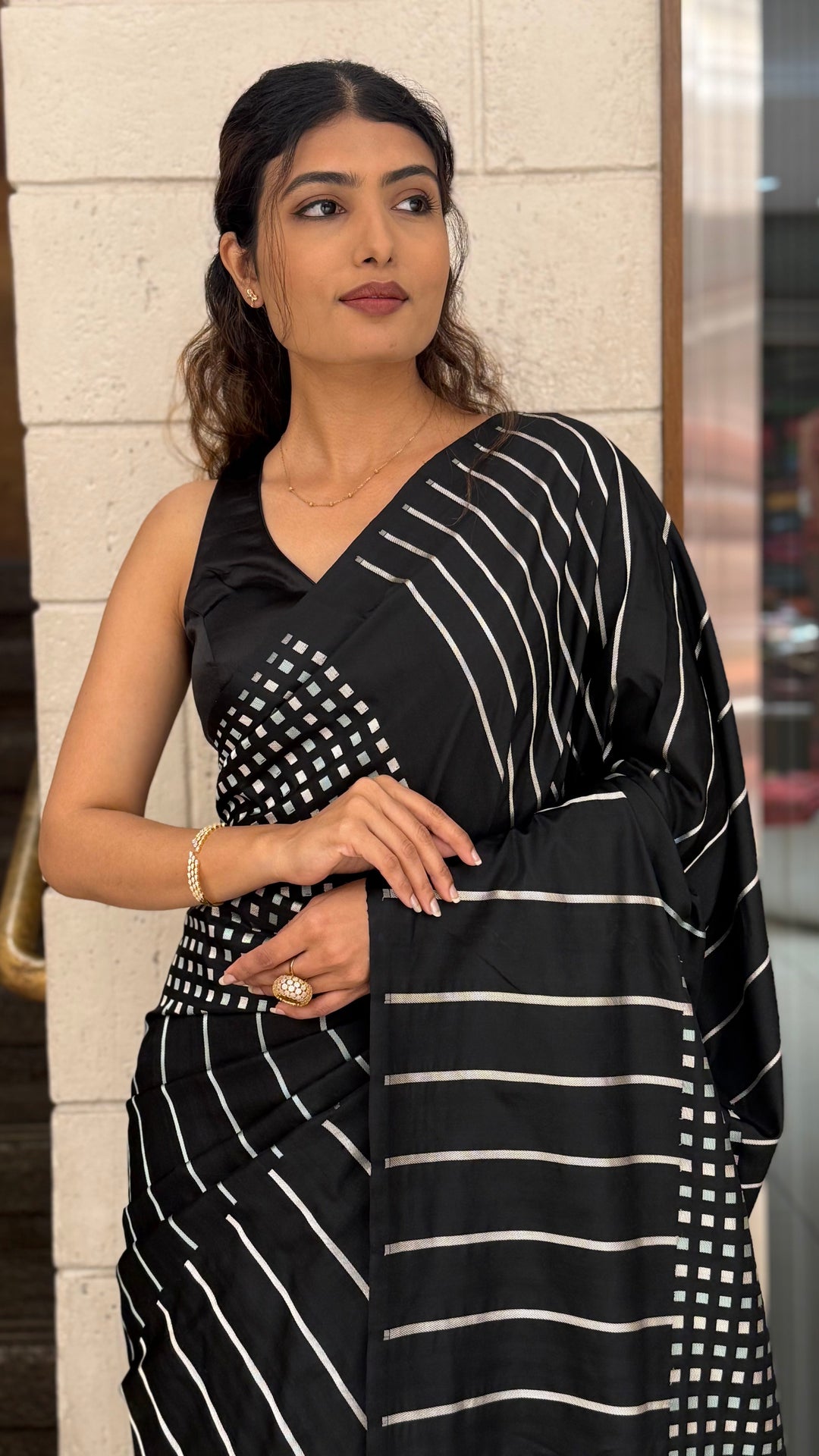 Black Contemporary Striped Designer Saree with Silver Accents