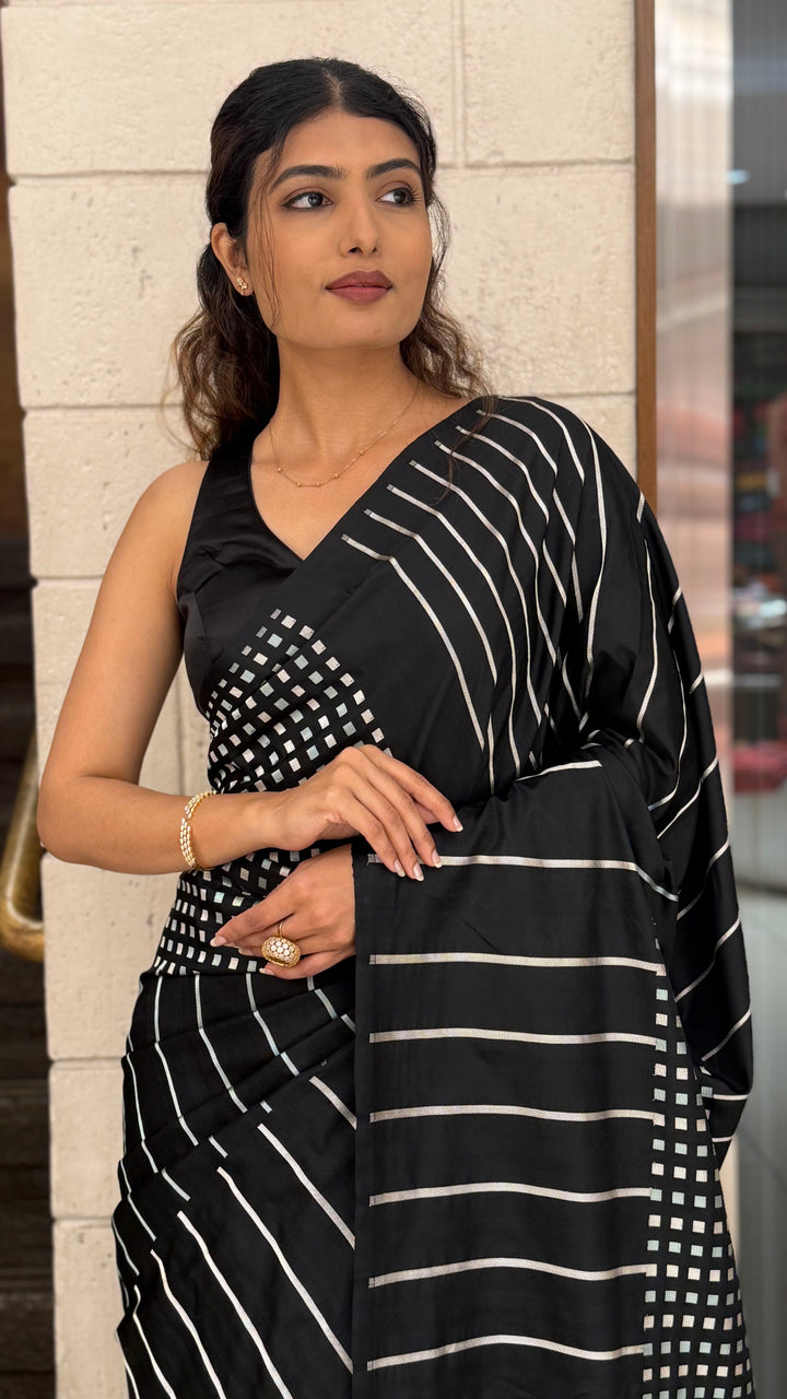 Black Contemporary Striped Designer Saree with Silver Accents
