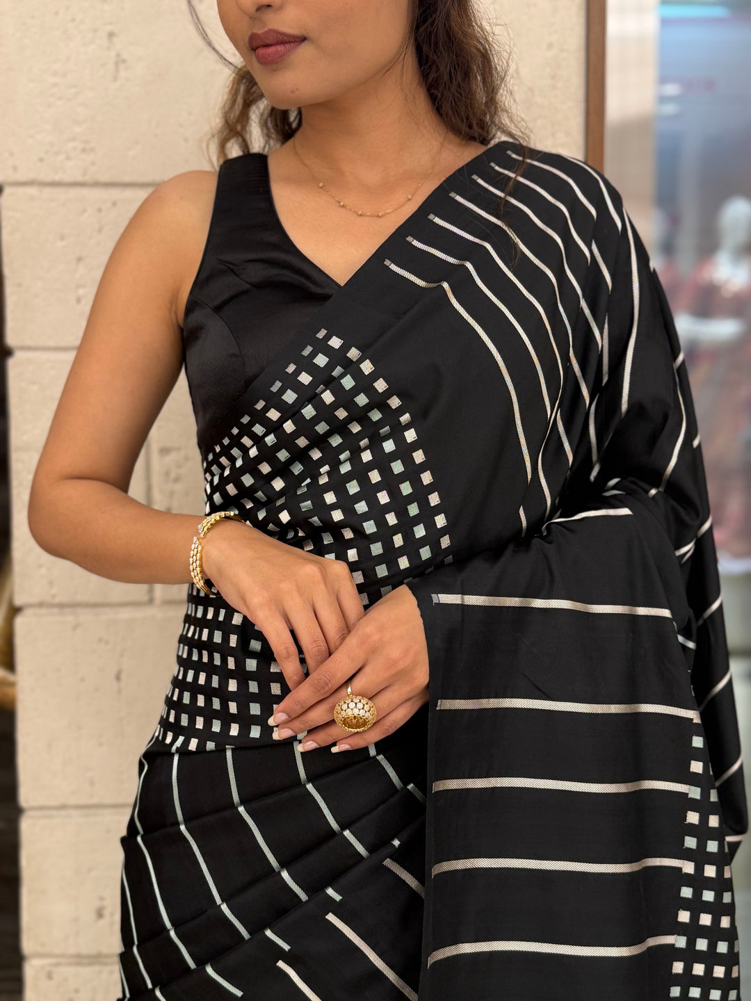 Black Contemporary Striped Designer Saree with Silver Accents