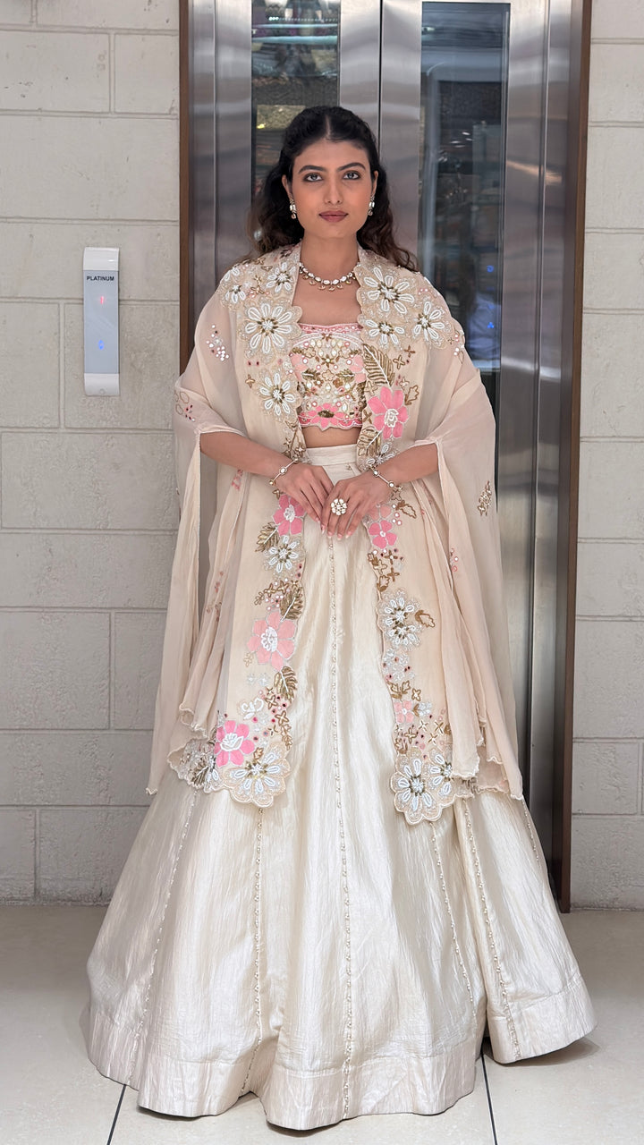 Ivory Floral Embroidered Designer Lehenga Set with Cape Dupatta