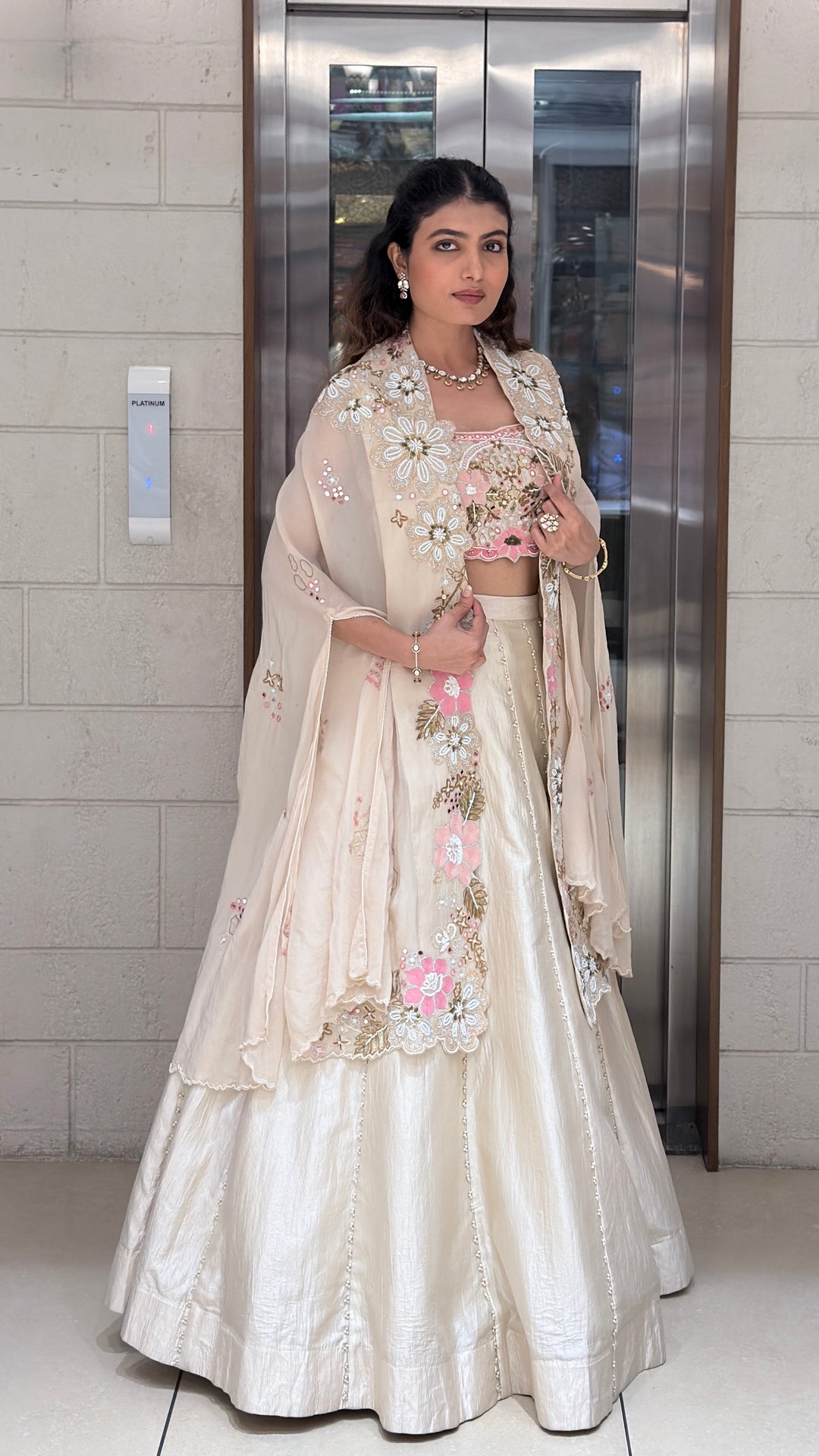 Ivory Floral Embroidered Designer Lehenga Set with Cape Dupatta