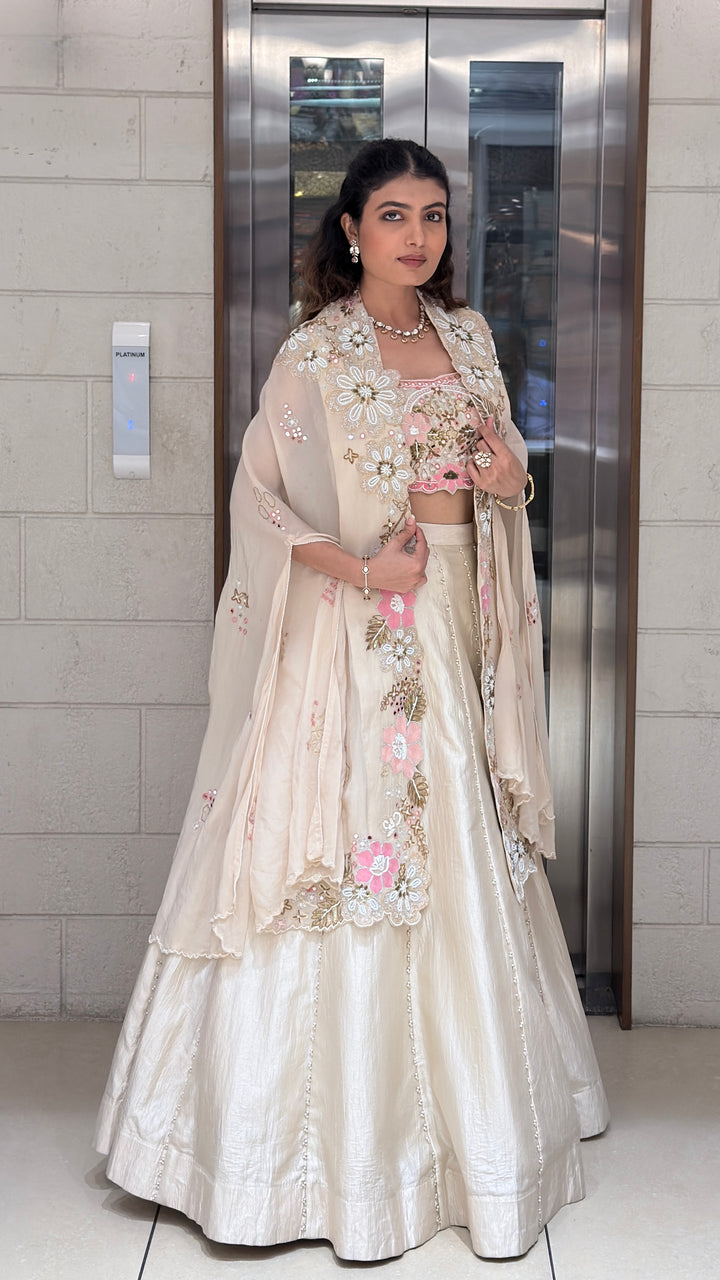 Ivory Floral Embroidered Designer Lehenga Set with Cape Dupatta