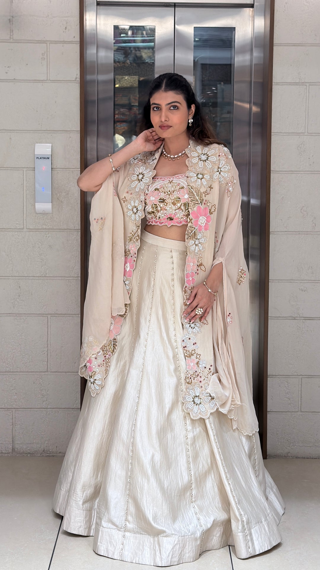 Ivory Floral Embroidered Designer Lehenga Set with Cape Dupatta