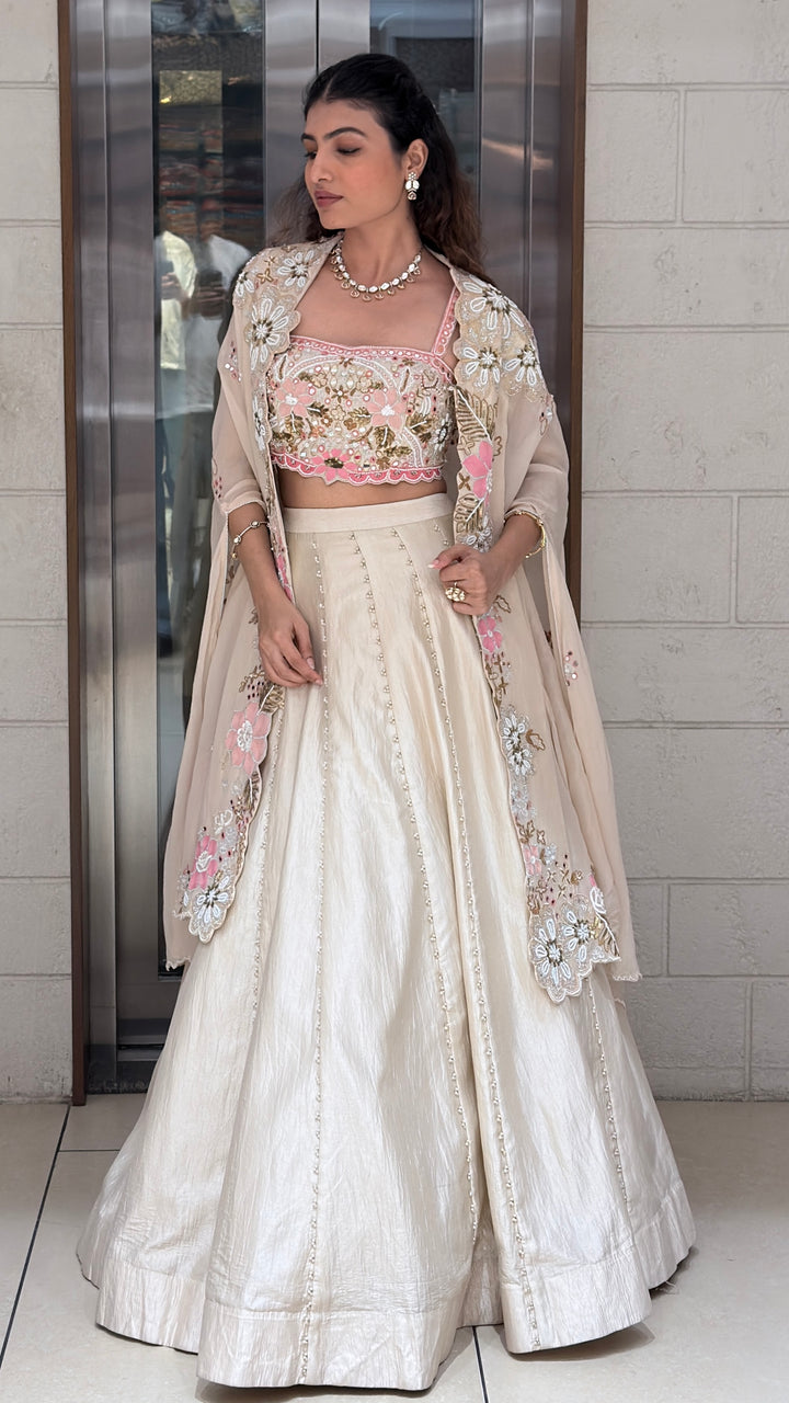 Ivory Floral Embroidered Designer Lehenga Set with Cape Dupatta