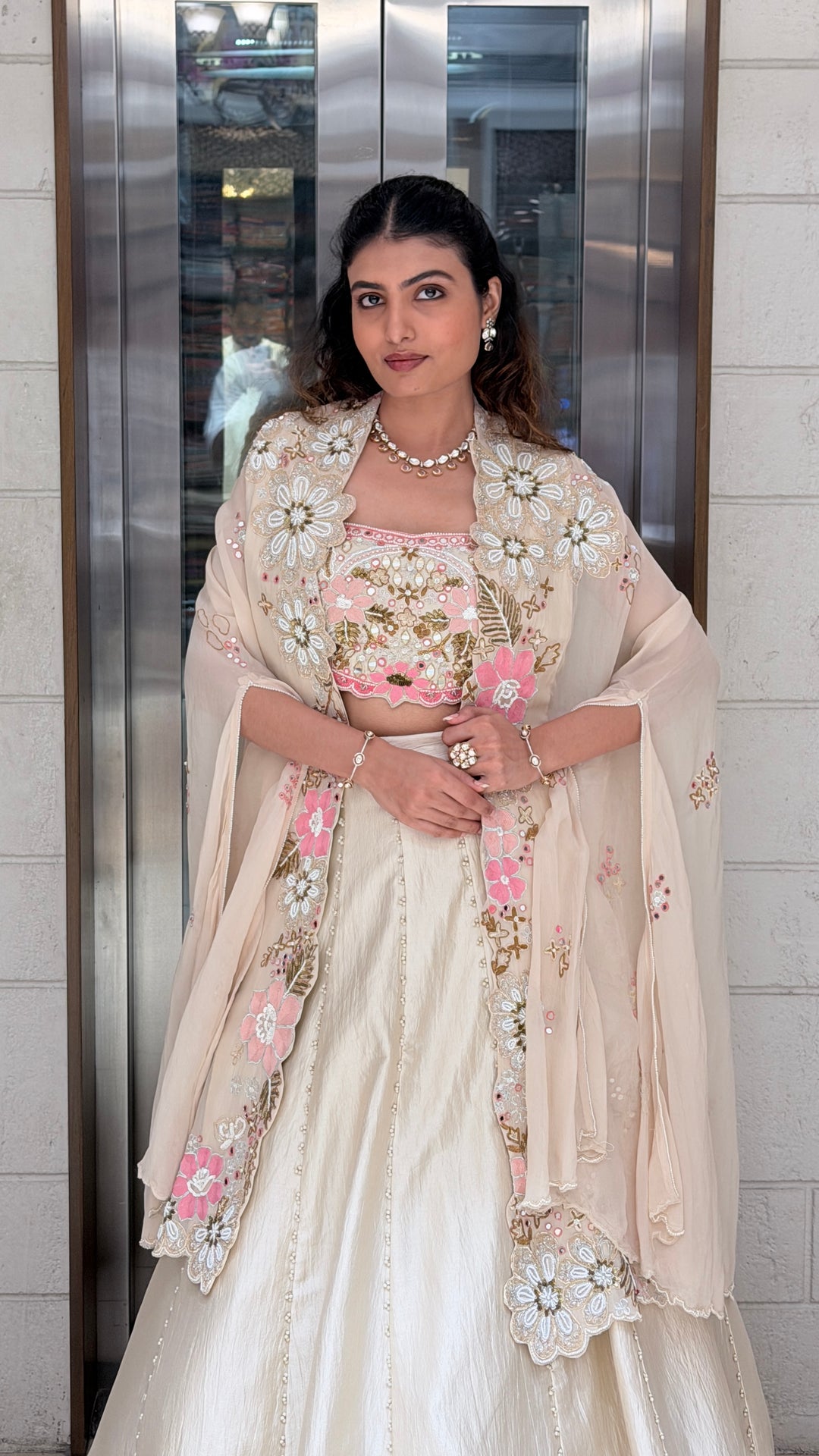 Ivory Floral Embroidered Designer Lehenga Set with Cape Dupatta