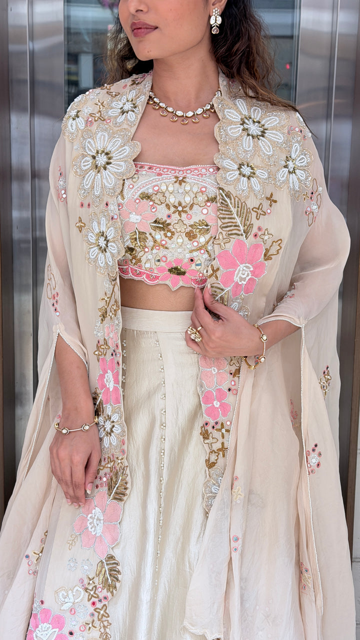 Ivory Floral Embroidered Designer Lehenga Set with Cape Dupatta