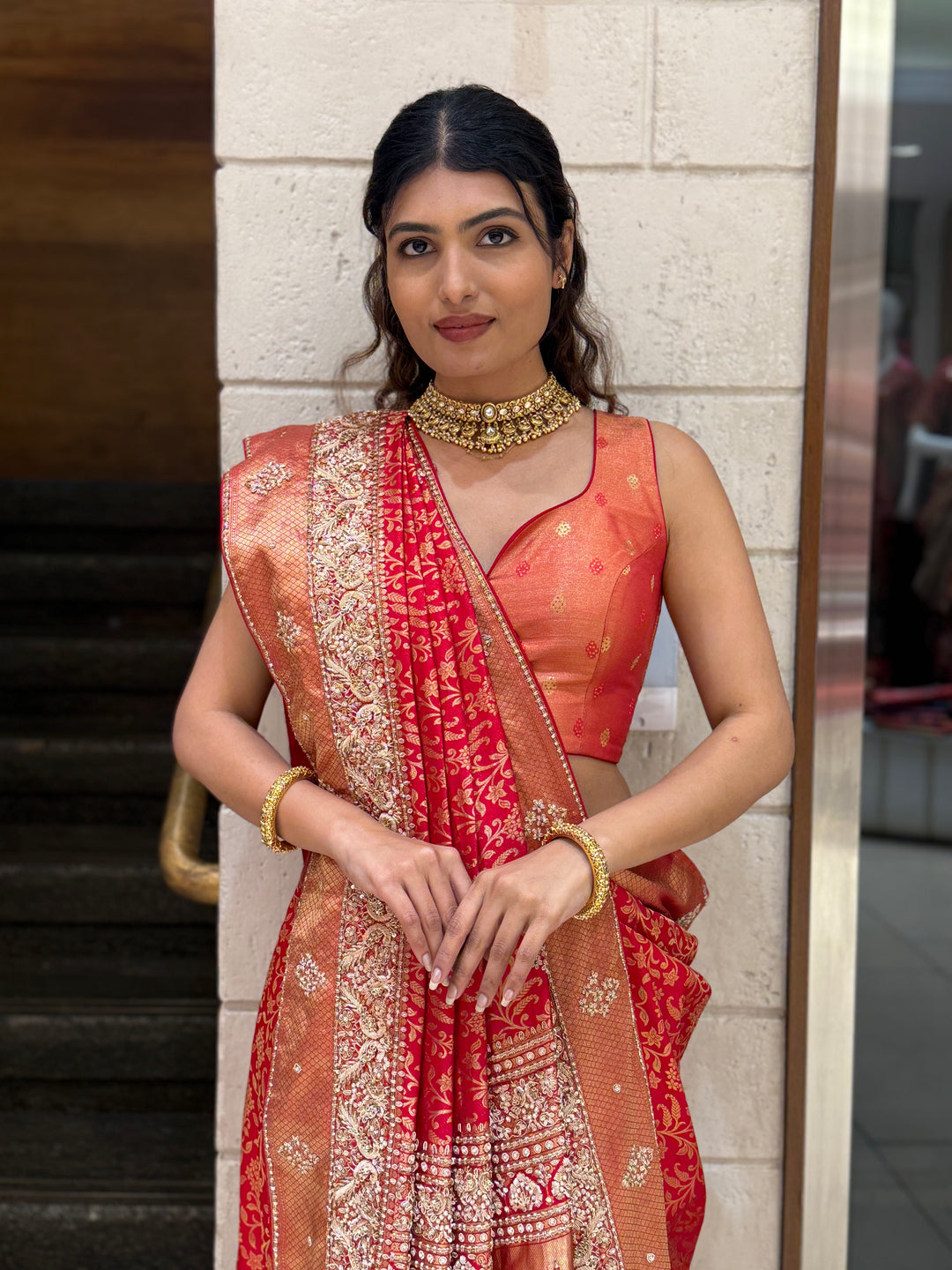 Rust Orange & Crimson Red Banarasi Silk Saree with Heavy Zari Pallu