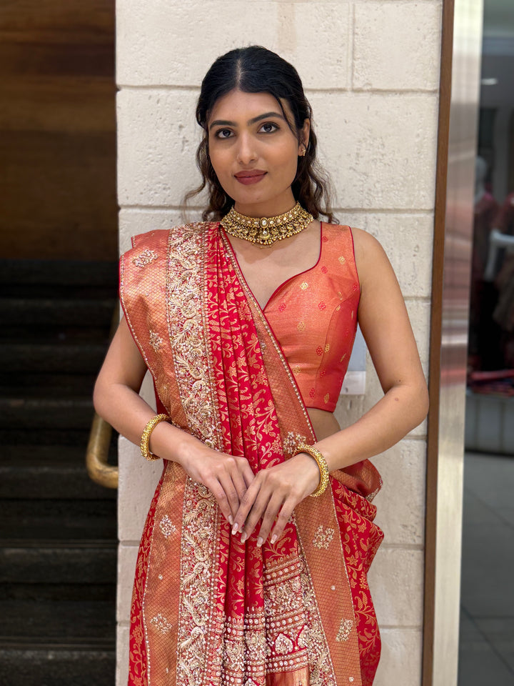 Rust Orange & Crimson Red Banarasi Silk Saree with Heavy Zari Pallu