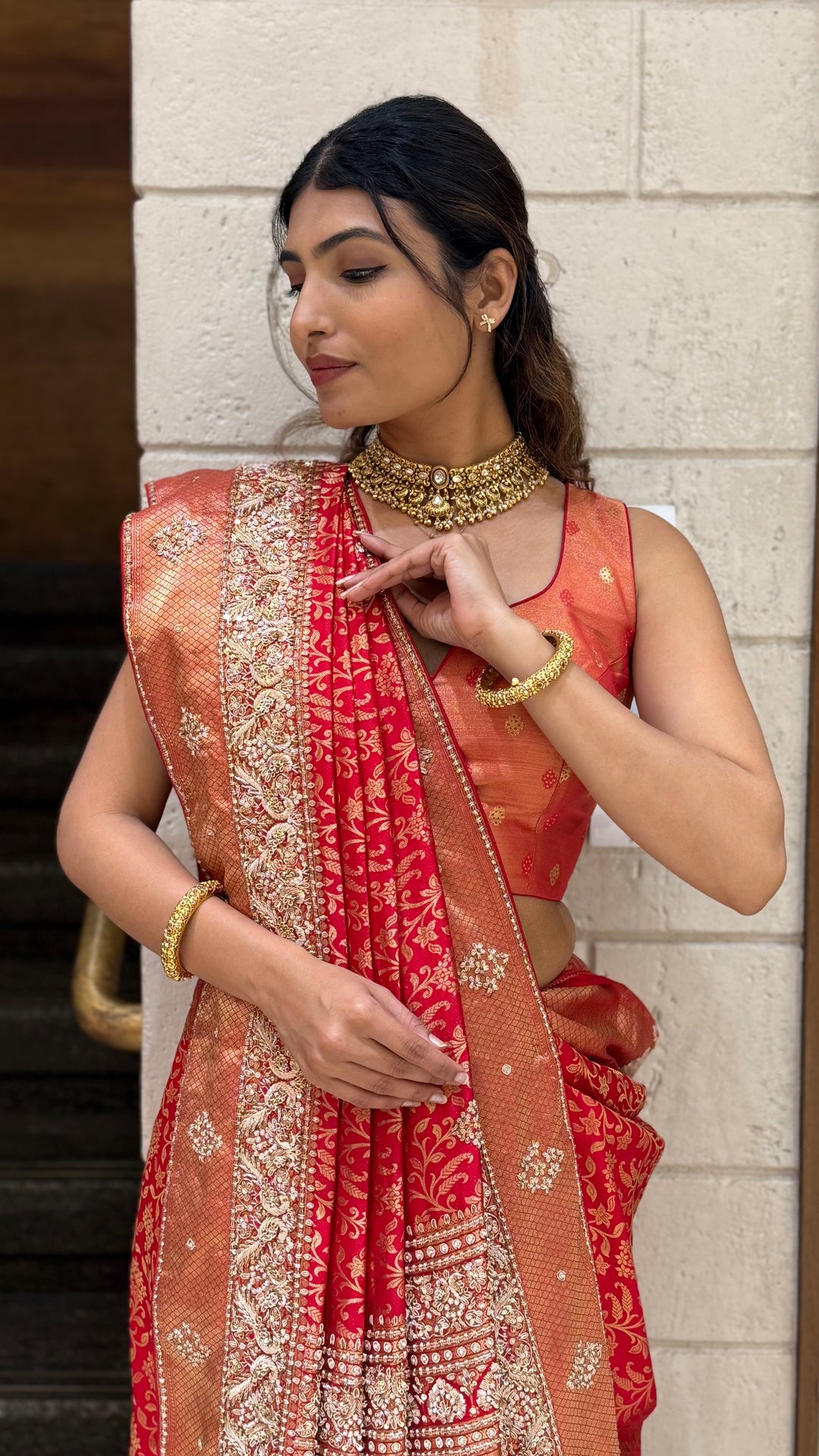 Rust Orange & Crimson Red Banarasi Silk Saree with Heavy Zari Pallu