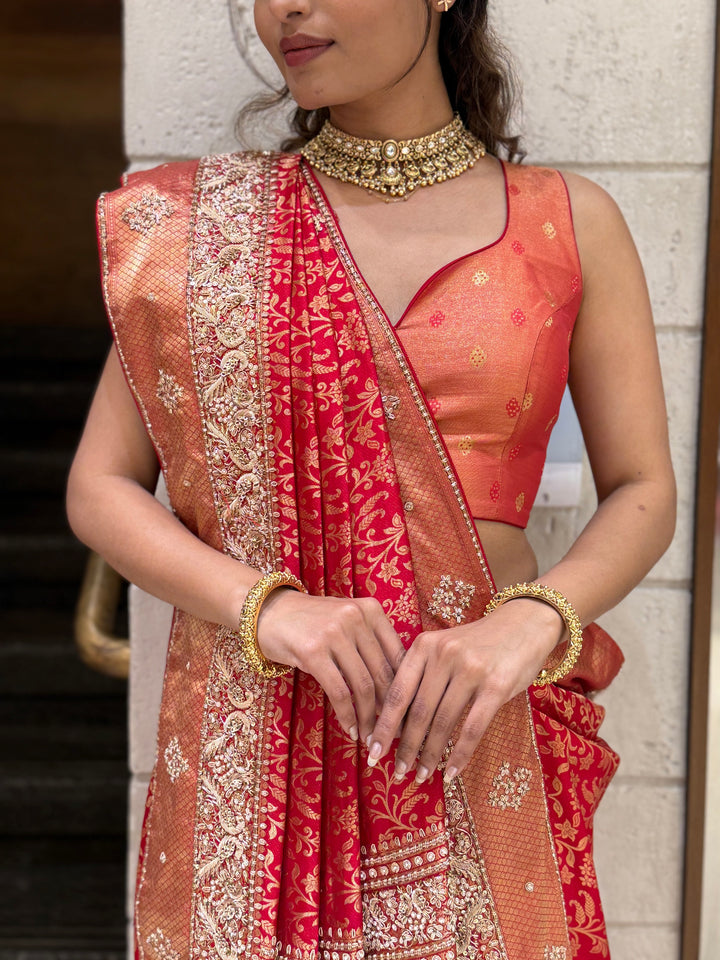 Rust Orange & Crimson Red Banarasi Silk Saree with Heavy Zari Pallu