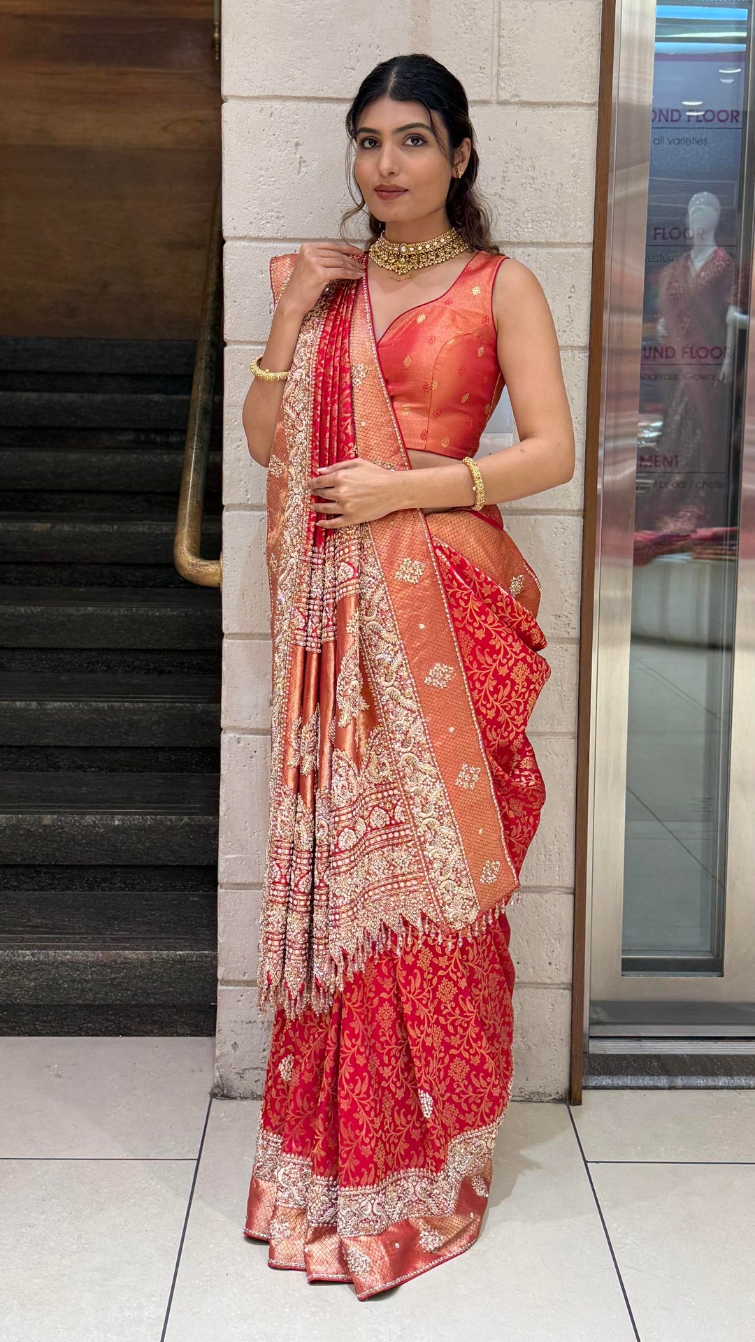 Rust Orange & Crimson Red Banarasi Silk Saree with Heavy Zari Pallu
