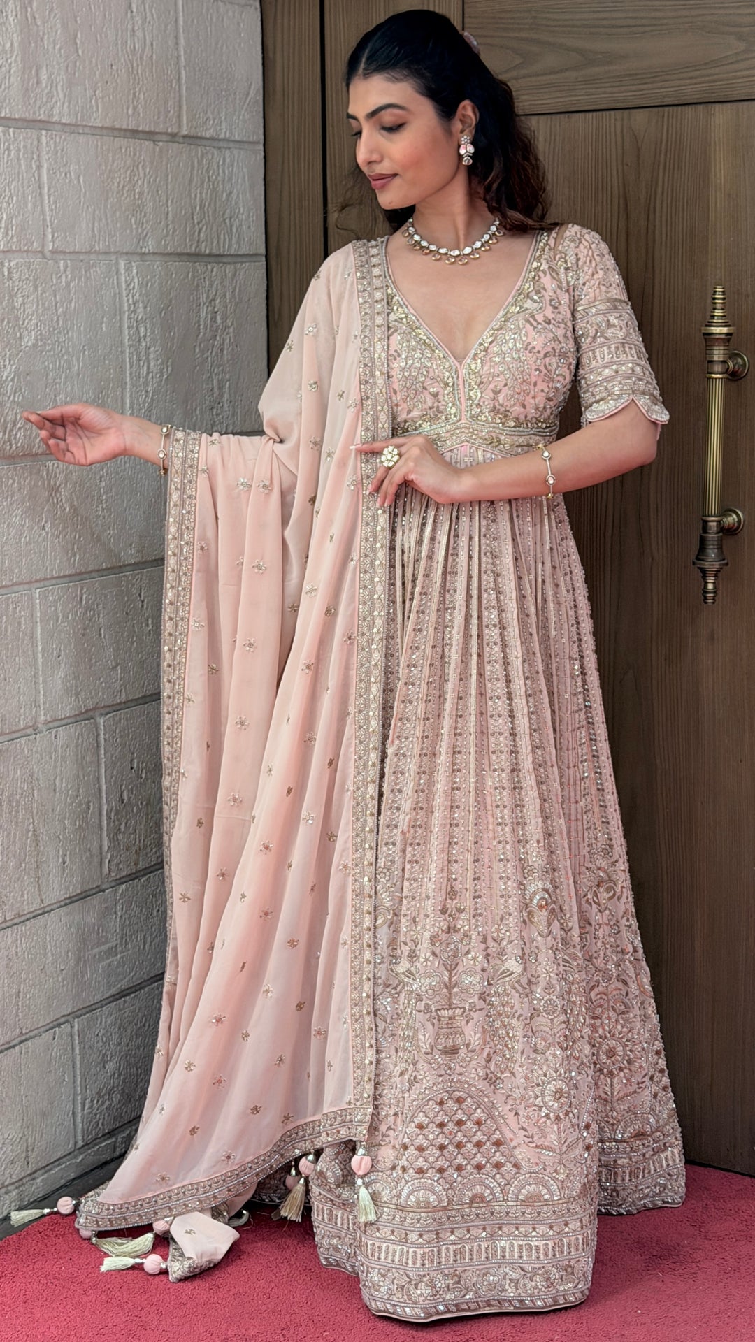 Blush Pink Heavy Embroidered Anarkali Gown with Elegant Dupatta